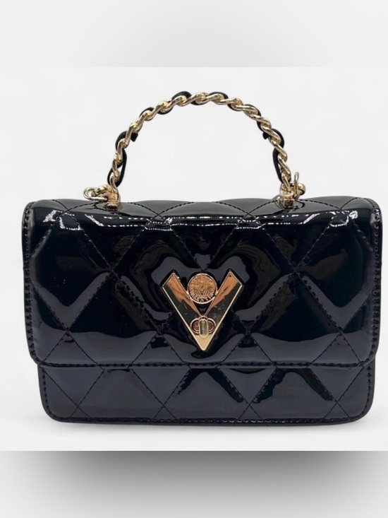 Valentino Orlandi Handbags - Valentino Orlandi Black Patent Quilted Mini Top-Handle Bag with Gold Hardware